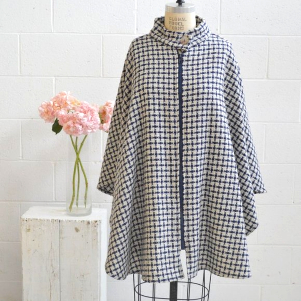 vintage checkered wool cape with purple lining
